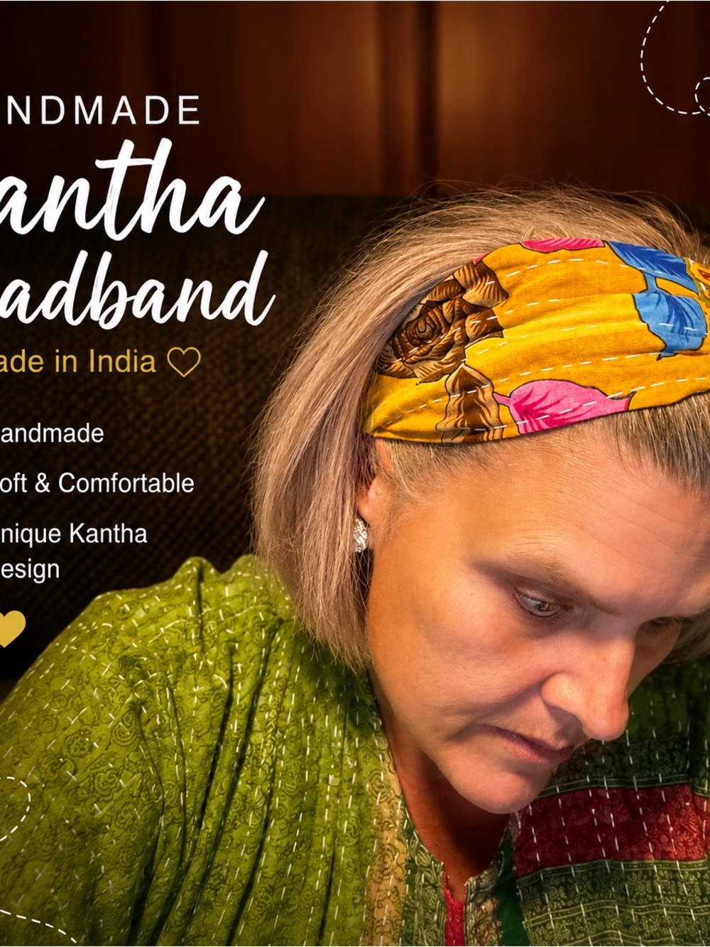 Handmade Kantha Headband in Yellow Floral Accent-Made in India